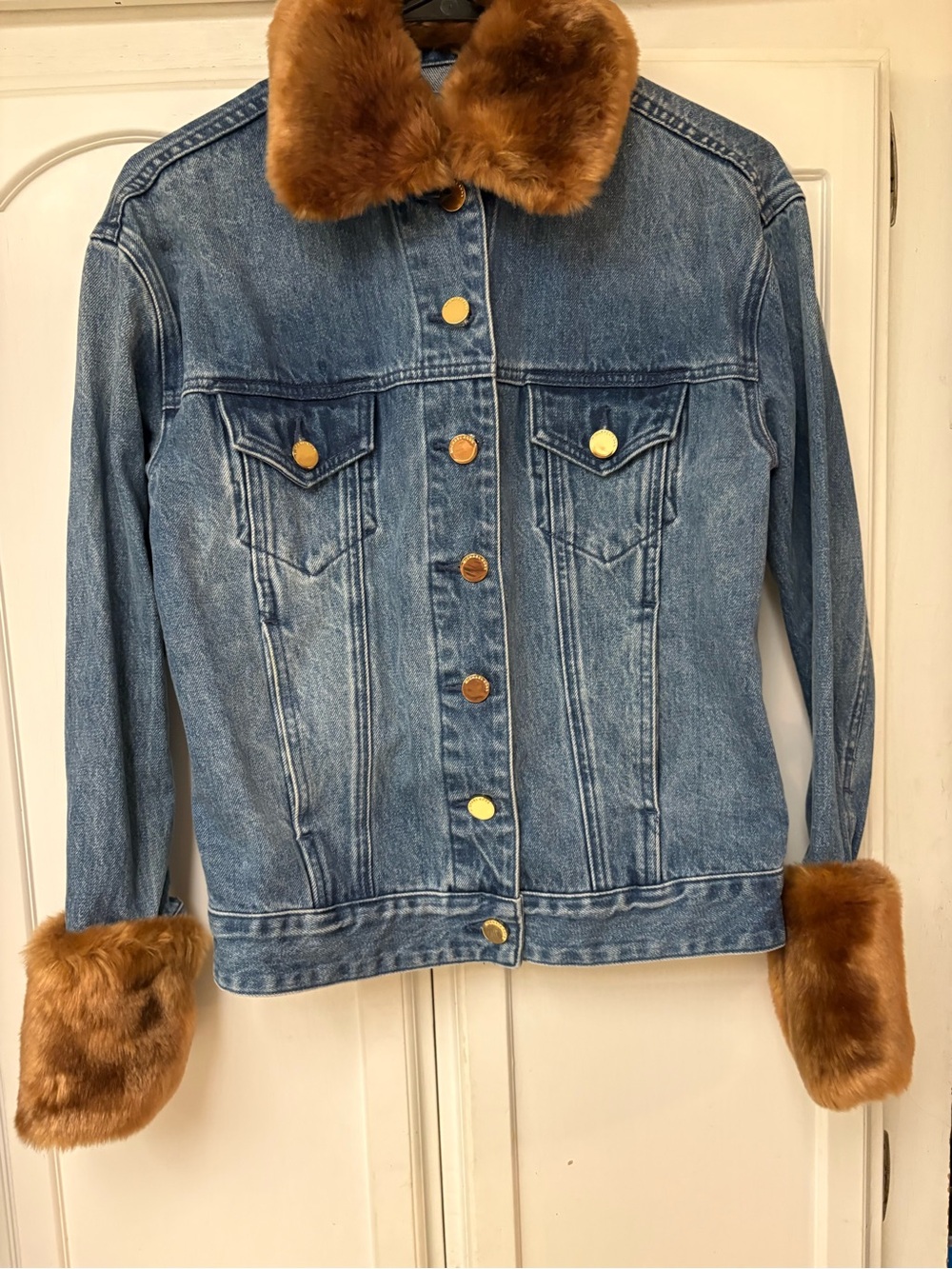 Michael Kors Blue Denim Jacket with Brown  faux Fur Collar & Cuffs detachable